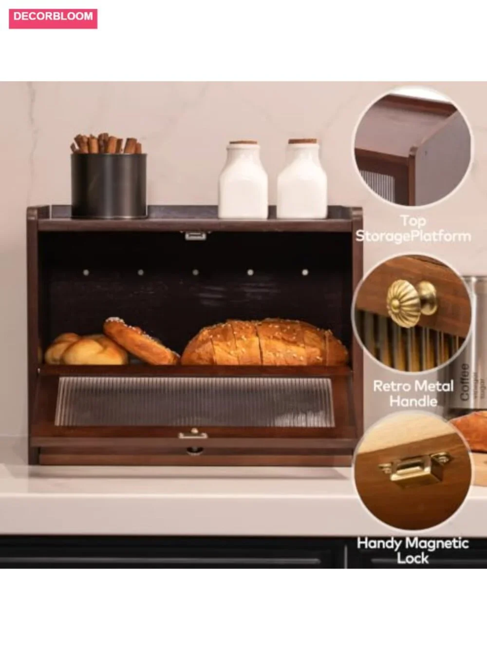 Solid Pine Wood Bread Box with Bamboo Slicer for Kitchen Countertop